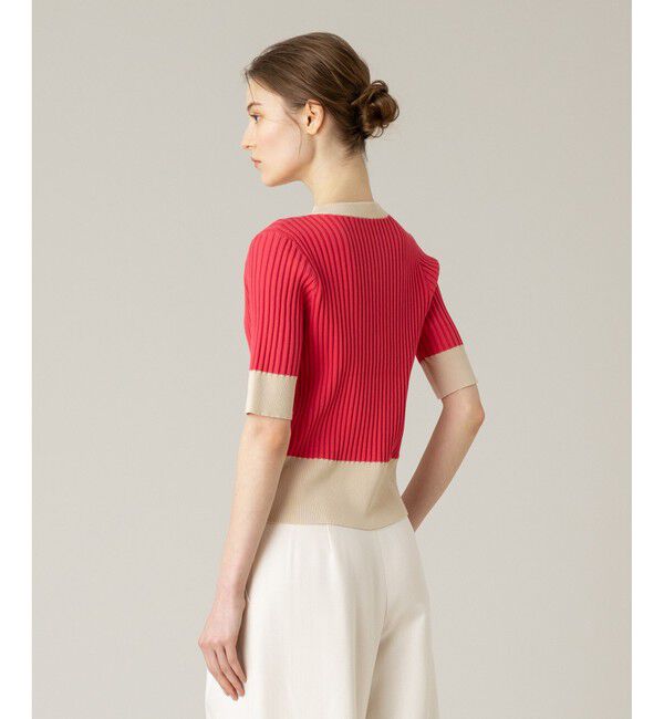 LOULOU WILLOUGHBY「【LOULOU WILLOUGHBY】バイカラーキーネック5分袖カーディガン」|カーディガン|