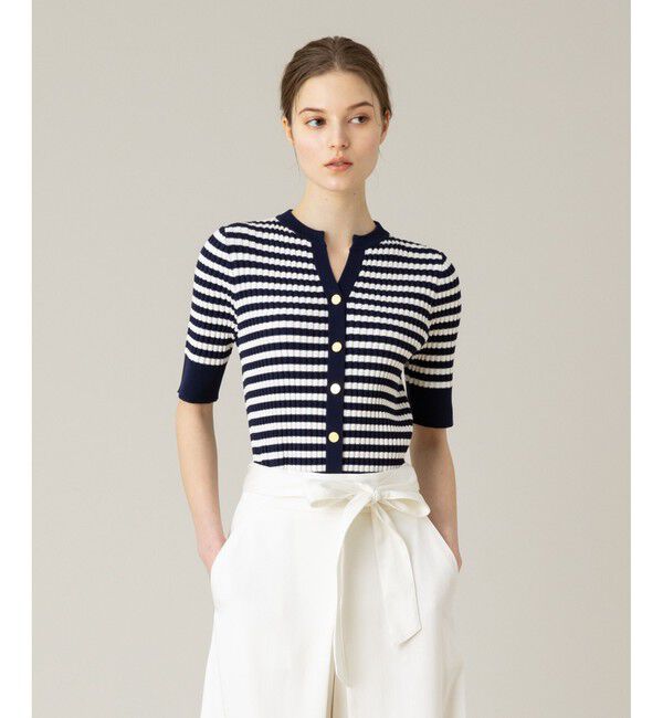 LOULOU WILLOUGHBY「【LOULOU WILLOUGHBY】バイカラーキーネック5分袖カーディガン」|カーディガン|ネイビー