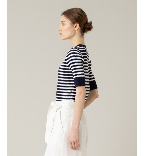 LOULOU WILLOUGHBY「【LOULOU WILLOUGHBY】バイカラーキーネック5分袖カーディガン」|カーディガン|