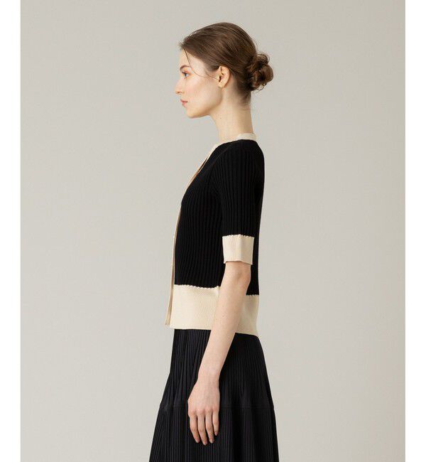 LOULOU WILLOUGHBY「【LOULOU WILLOUGHBY】バイカラーキーネック5分袖カーディガン」|カーディガン|