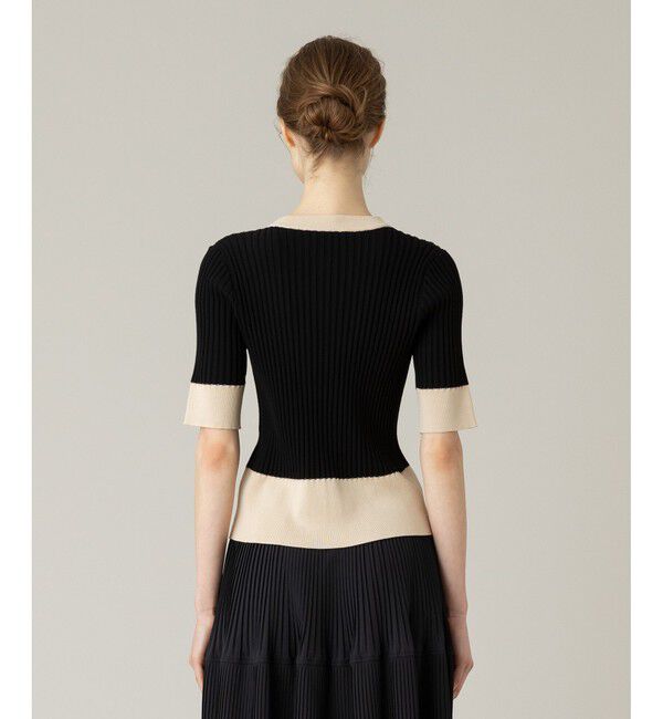 LOULOU WILLOUGHBY「【LOULOU WILLOUGHBY】バイカラーキーネック5分袖カーディガン」|カーディガン|