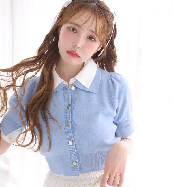  「今期トレンド/重ね襟半袖ニット」|ニット・セーター|サックスブルー