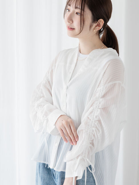 Te chichi TERRASSE「袖シャーリングシアーストライプブラウス」|シャツ・ブラウス|オフホワイト