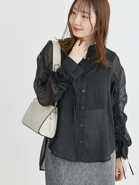 Te chichi TERRASSE「袖シャーリングシアーストライプブラウス」|シャツ・ブラウス|ブラック