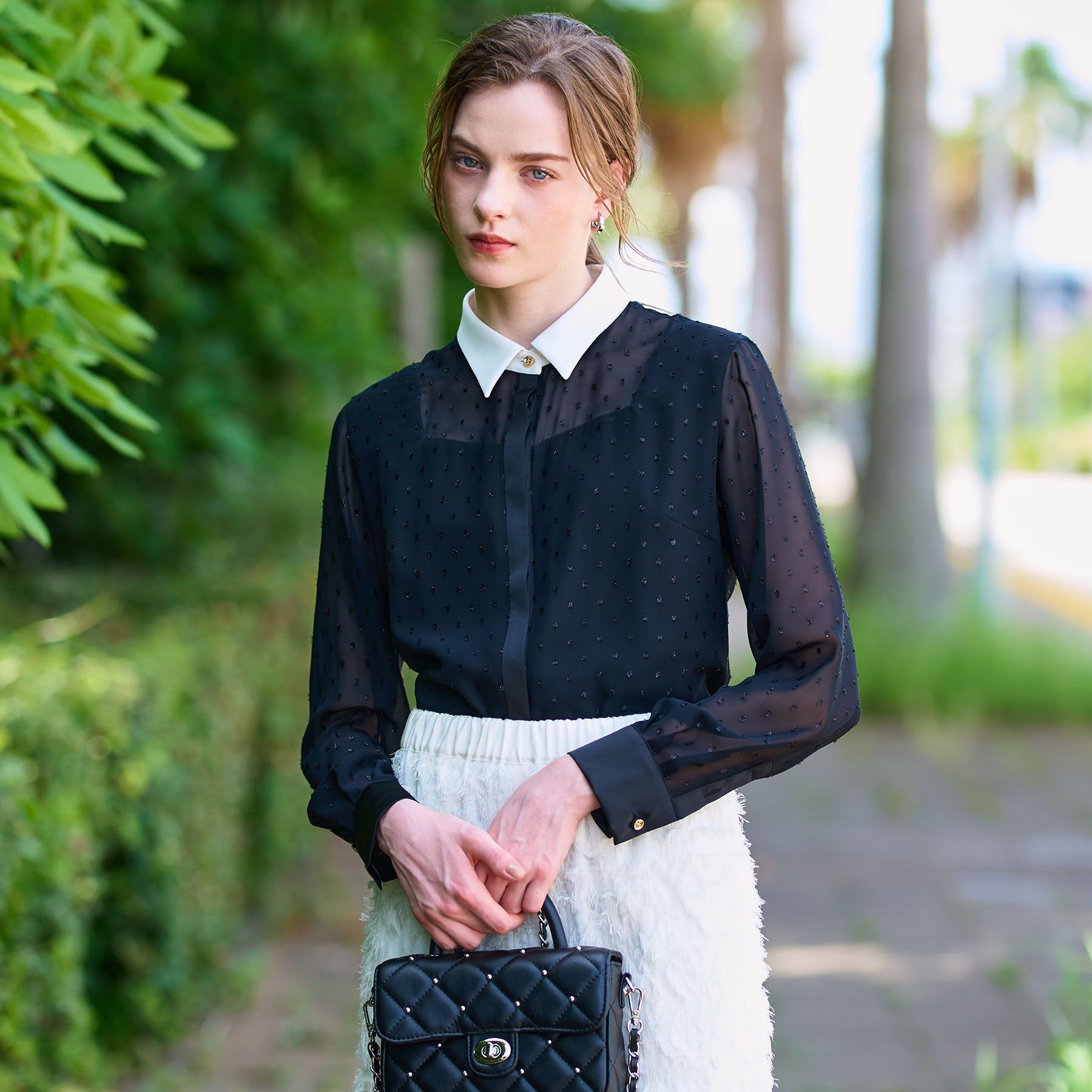 DRESSTERIOR「【洗える/シアー素材】フィルムドットクレリックブラウス」|シャツ・ブラウス|ブラック(019)