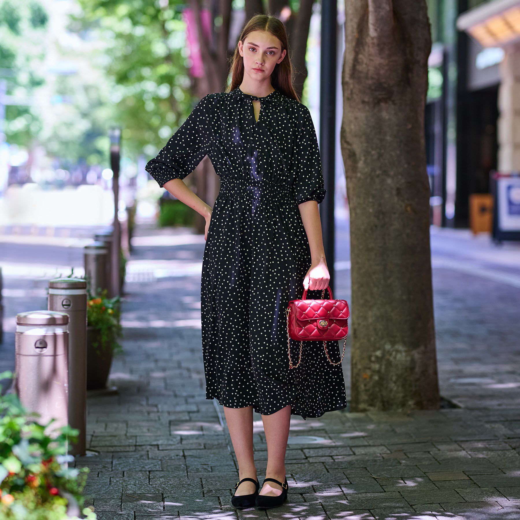 DRESSTERIOR「【手洗い可】ウエストシャーリングドットワンピース」|ワンピース|