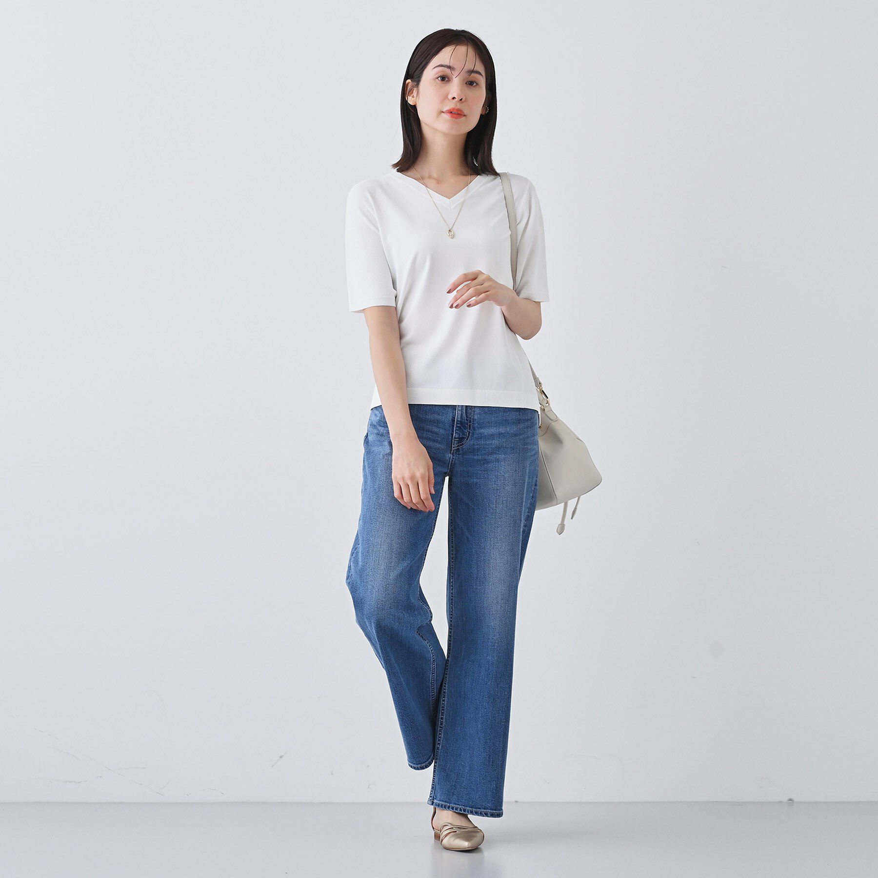 INDIVI「【洗える／清涼感】レーヨンストレッチ 安心丈の半袖ニット」|ニット・セーター|