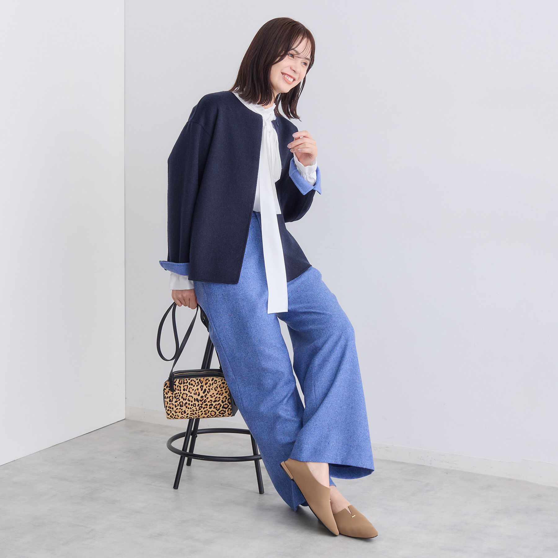 INDIVI「【配色デザイン／ショート丈】ウールリバー ノーカラーコート」|ノーカラーコート|