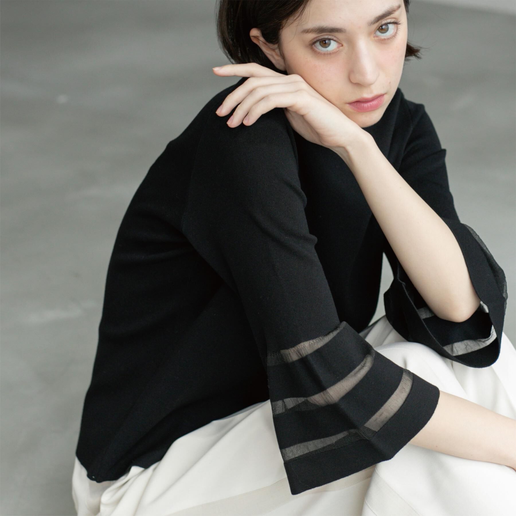 OPAQUE.CLIP「《6色展開》シアーボーダーフレアスリーブニット【洗濯機洗い可】」|ニット・セーター|