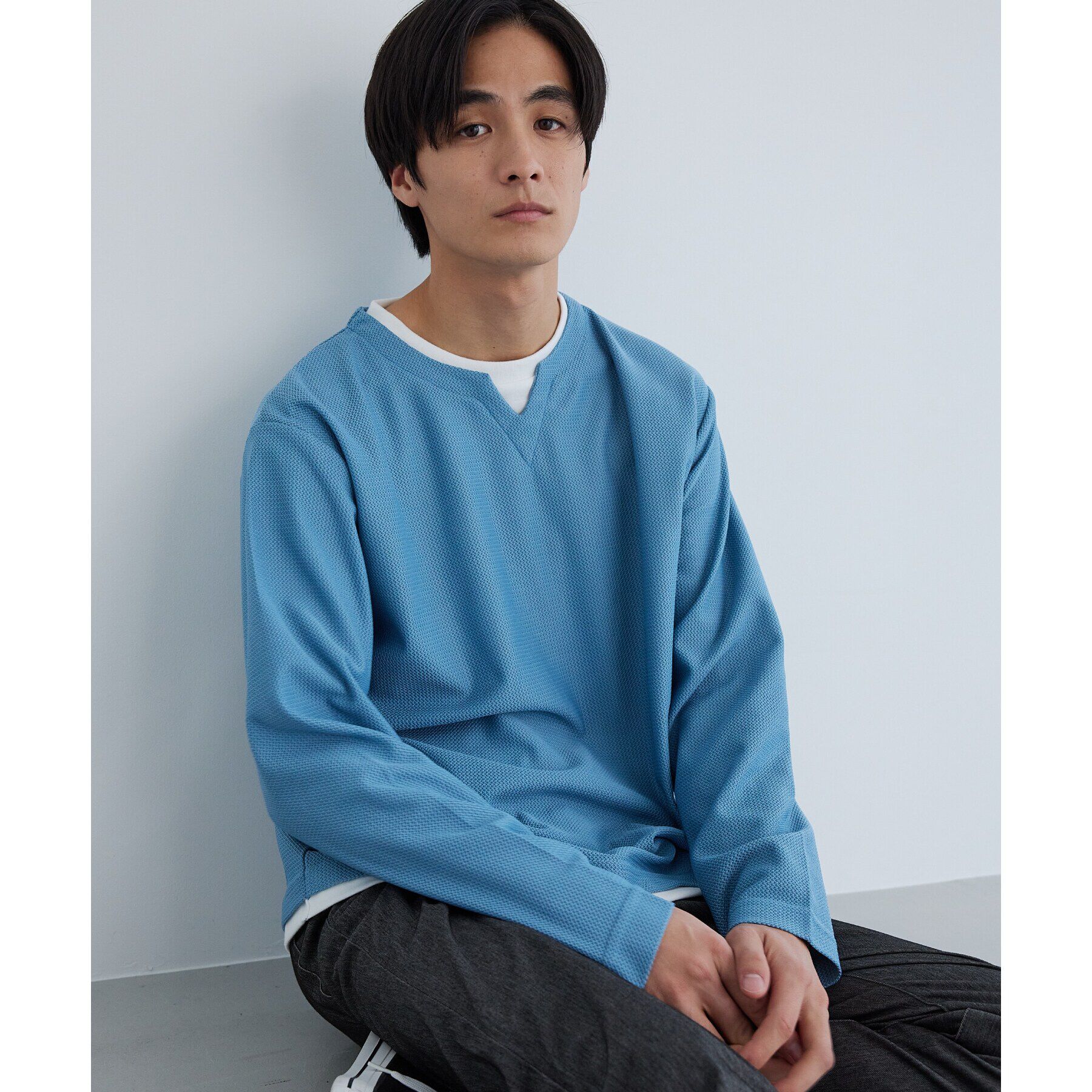 THE SHOP TK「バスケット編みキーネックTシャツ」|Tシャツ・カットソー|ブルー(092)