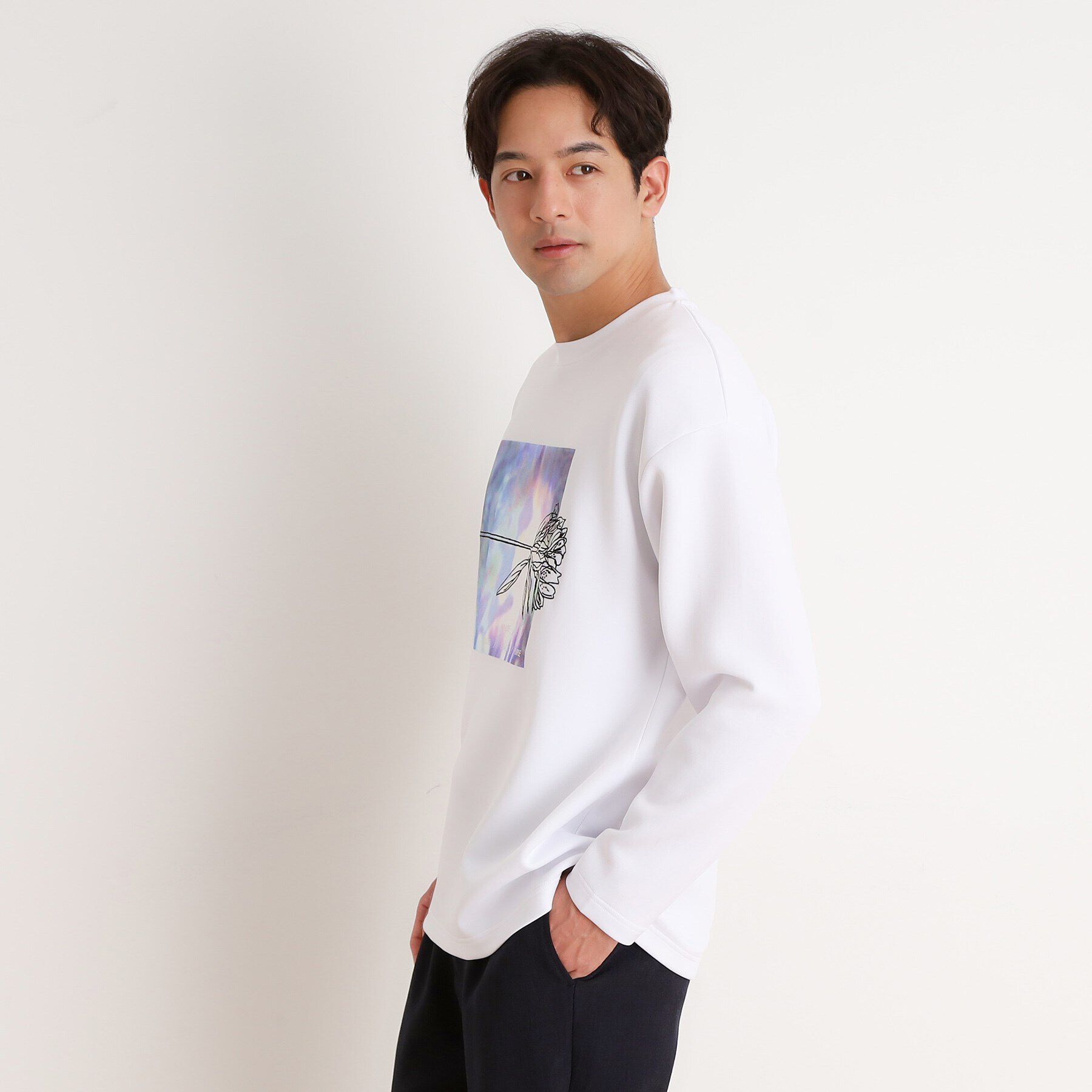 THE SHOP TK「フラワー刺繍＋グラフィックロングTシャツ」|Tシャツ・カットソー|