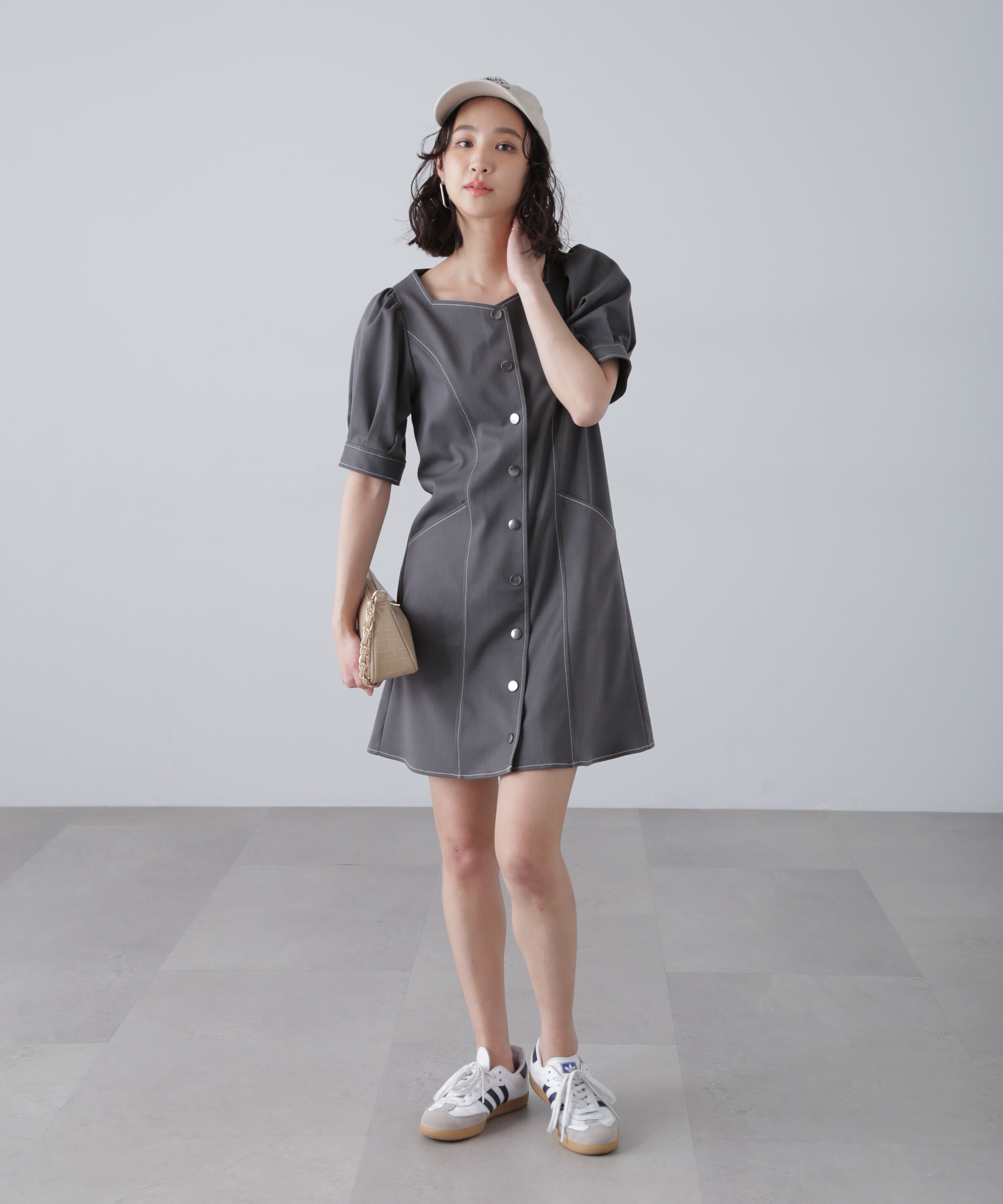  「配色ステッチ前開きミニワンピース」|ワンピース|