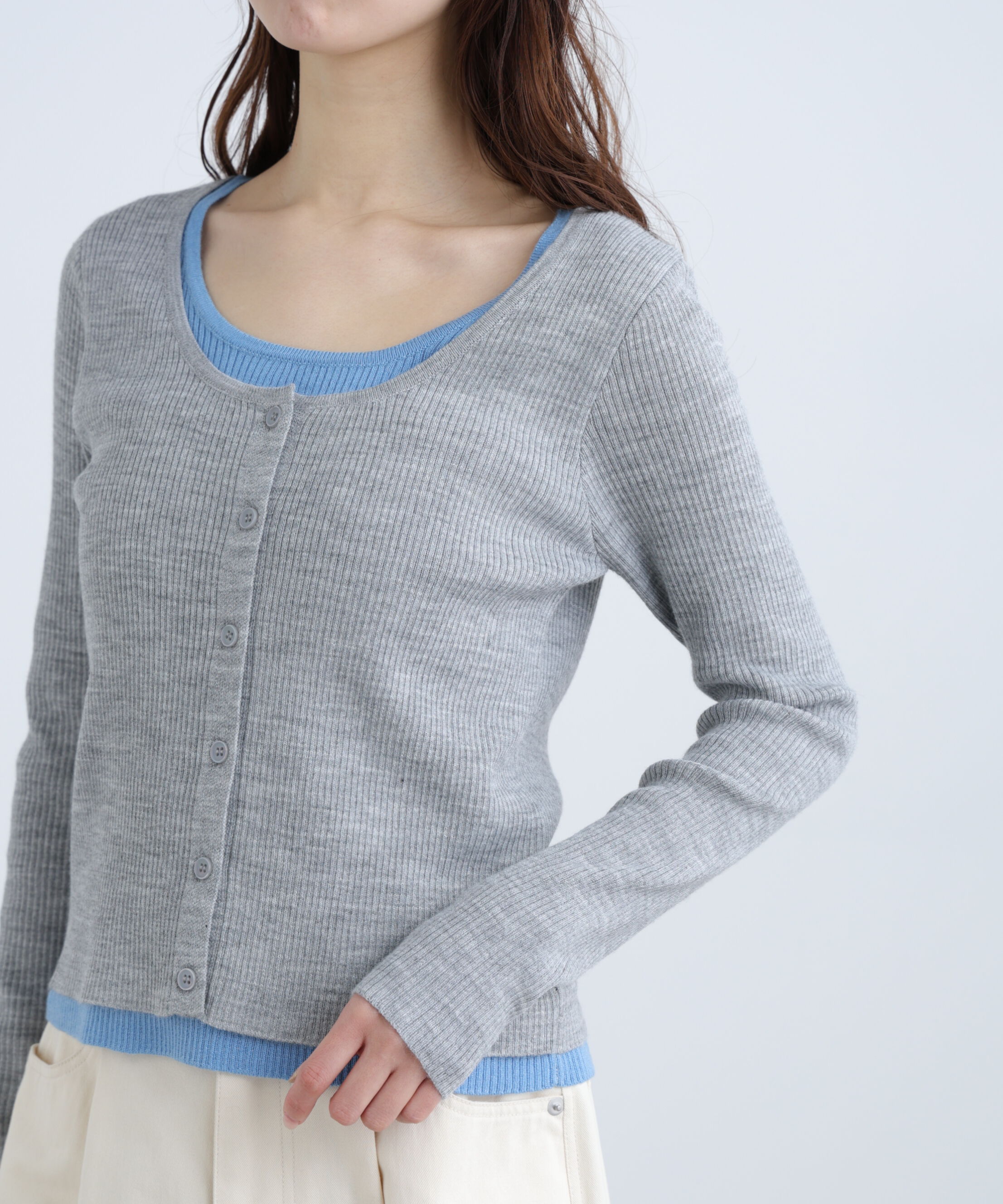  「配色レイヤードリブニットカーディガン」|ニット・セーター|