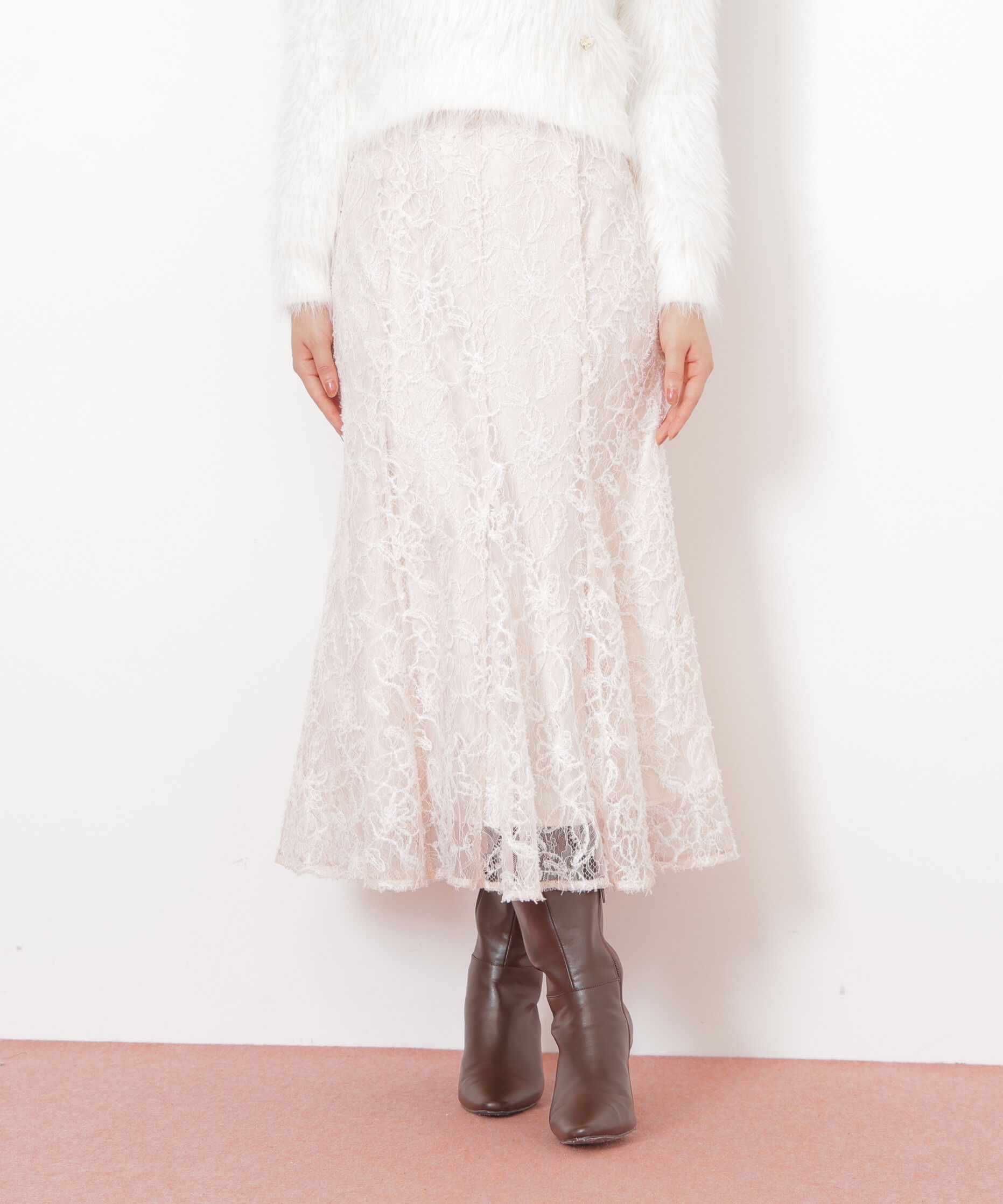  「モール刺繍レースマーメイドスカート」|スカート|ピンク