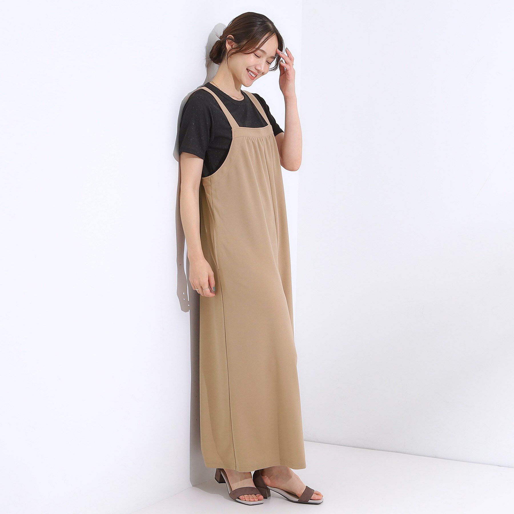 SHOO･LA･RUE「【洗える/S-LL】裏がサラサラ やわらか ギャザーサロペット」|オールインワン|