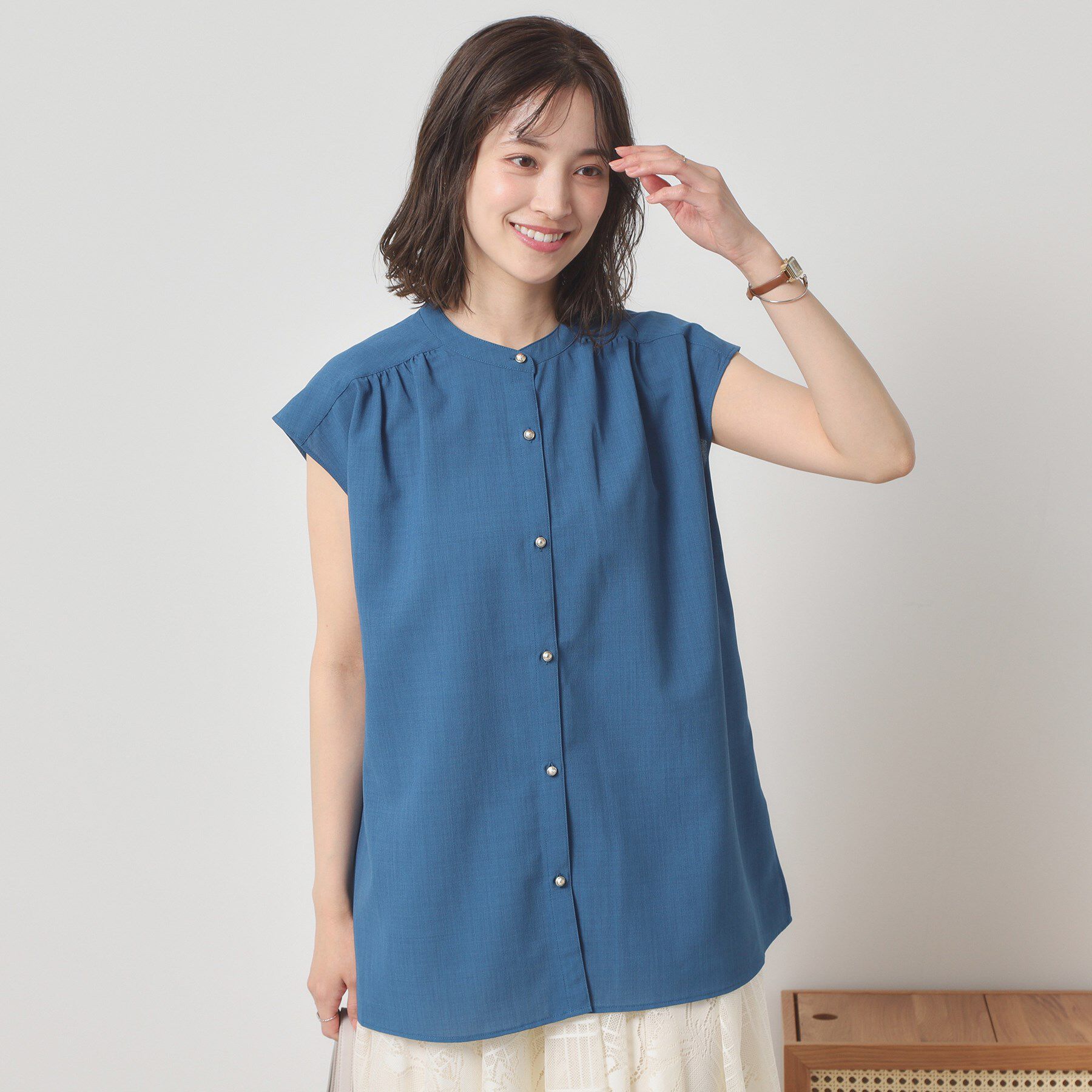 ITS&rsquo;DEMO「【清涼感／手洗い可】麻調前開きブラウス」|シャツ・ブラウス|ブルーグリーン(09