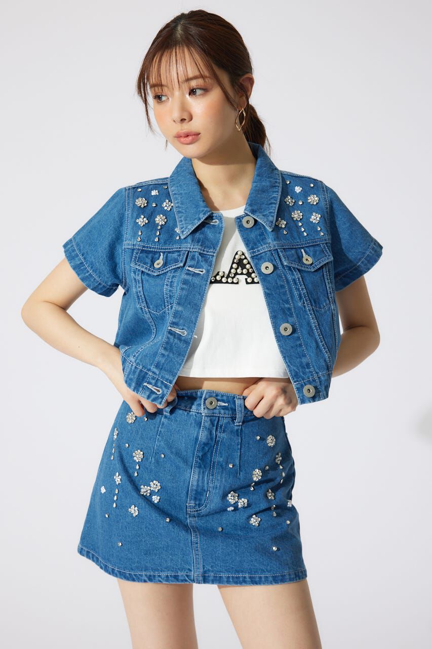 rienda「ミックスフラワービジュージャストウエストデニムスカート」|スカート|BLU