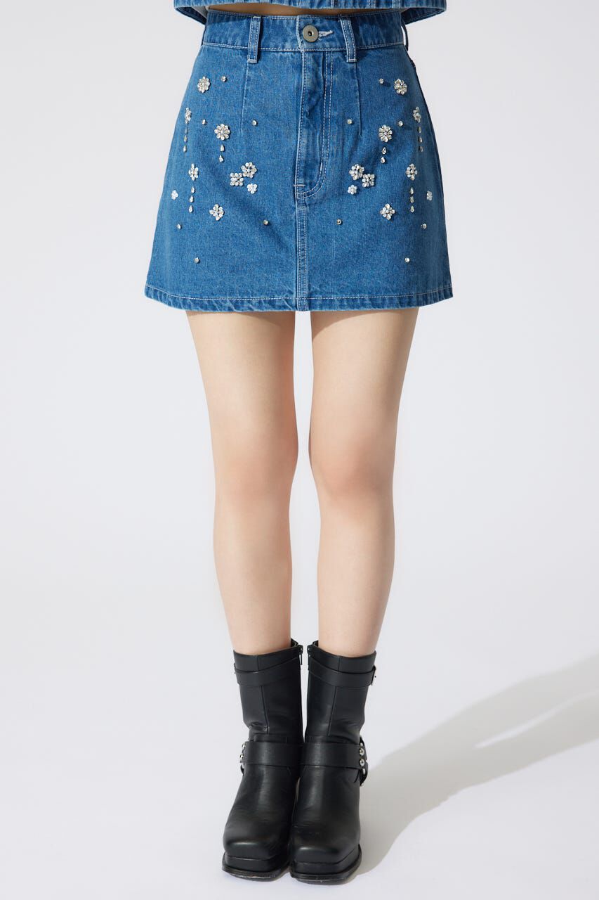 rienda「ミックスフラワービジュージャストウエストデニムスカート」|スカート|