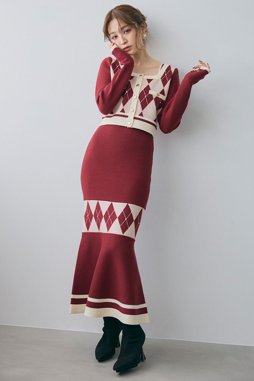 rienda「アーガイルバイカラーカーディガンセットニットワンピース」|ワンピース|RED