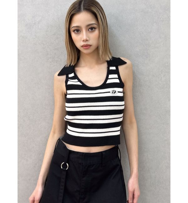 GYDA「ボーダーノースリPOLOニットトップス」|ニット・セーター|