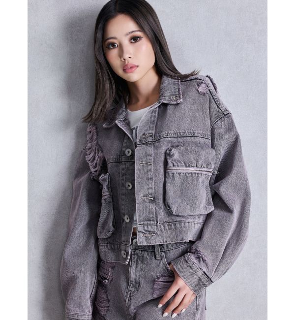 GYDA「ZIP POCKETダメージショートデニムGジャン」|ブルゾン・スタジャン|