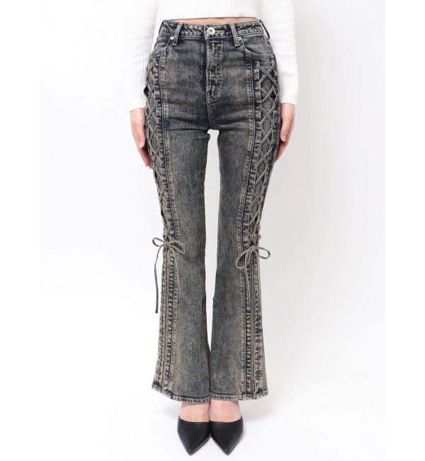 GYDA「ハイウエスト LEG 2WAY ECO FURサイドレースアップフレアデニムパンツ」|デニム|