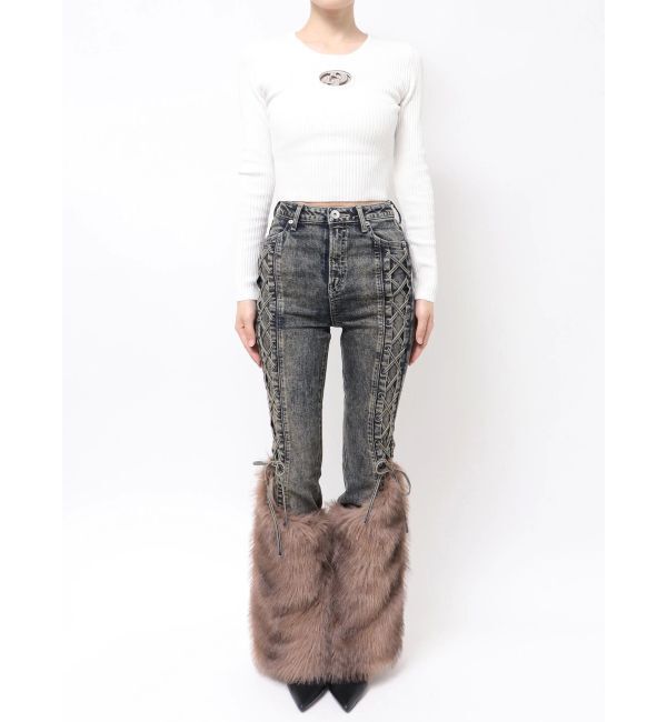 GYDA「ハイウエスト LEG 2WAY ECO FURサイドレースアップフレアデニムパンツ」|デニム|