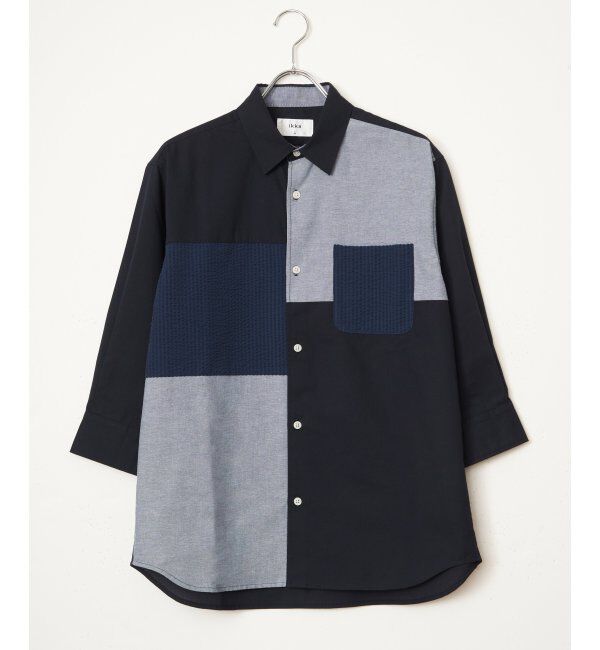 ikka「7分袖冷感ブロックスシャツ」|シャツ・ブラウス|ネイビーブルー