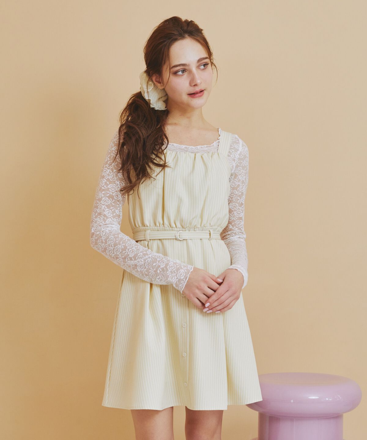 REDYAZEL「フロントシャーリングシャツ＆ストライプミニワンピースセット」|ワンピース|