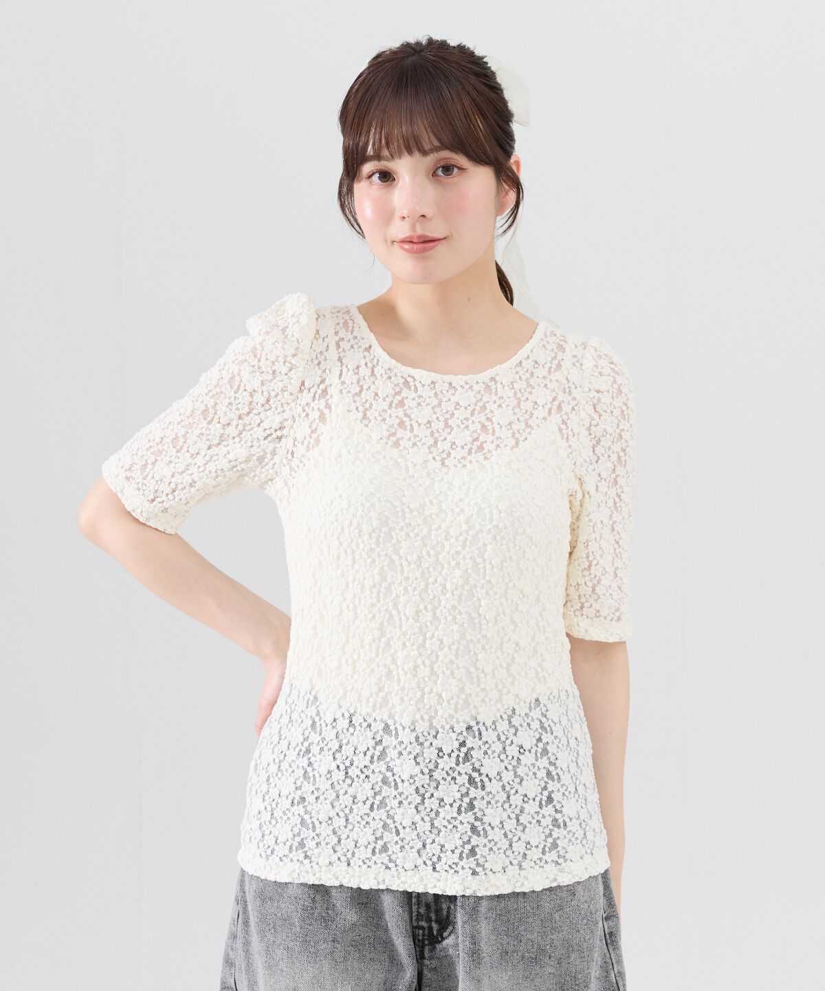 REDYAZEL「フラワーレース5分袖トップス」|Tシャツ・カットソー|