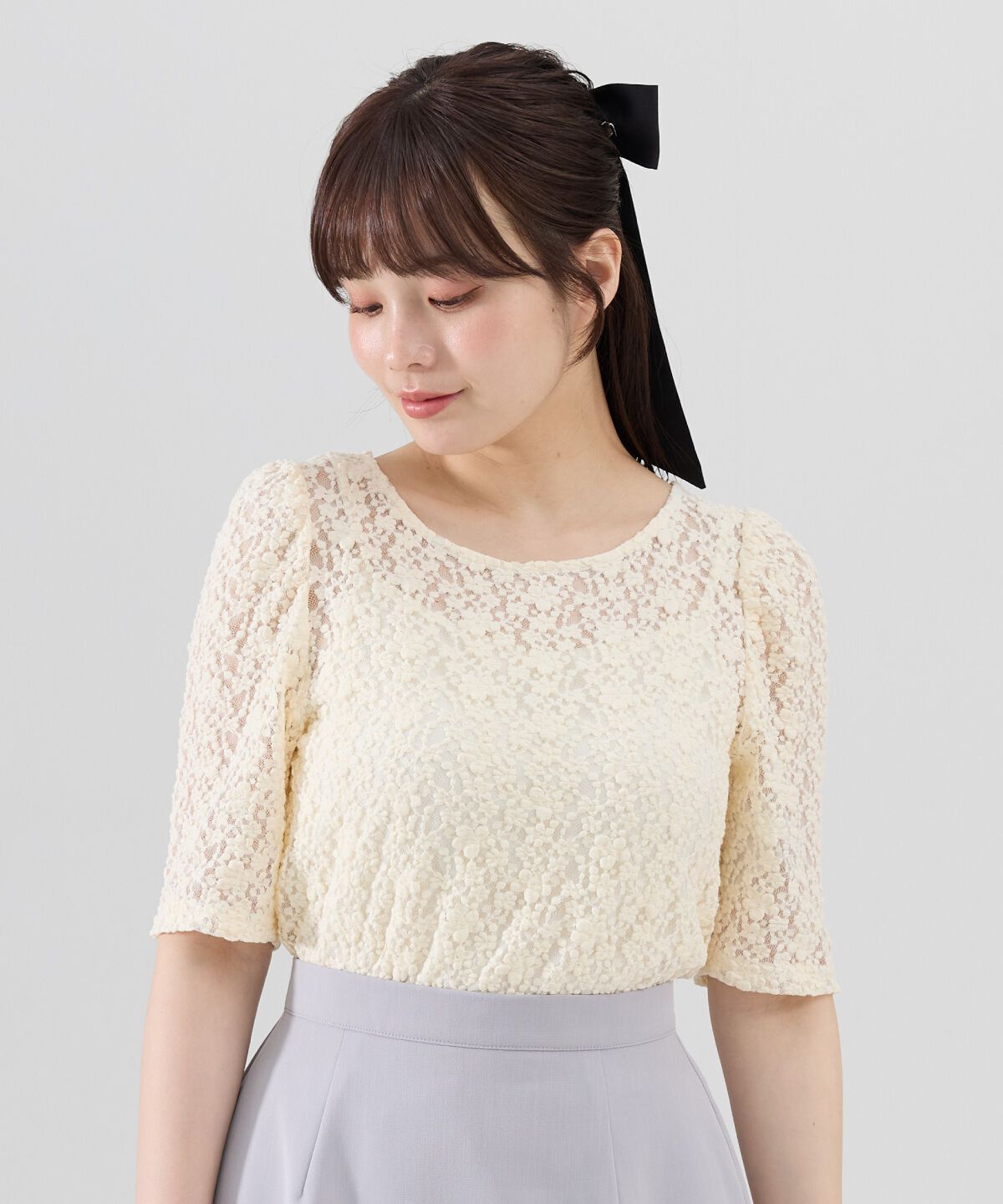 REDYAZEL「フラワーレース5分袖トップス」|Tシャツ・カットソー|