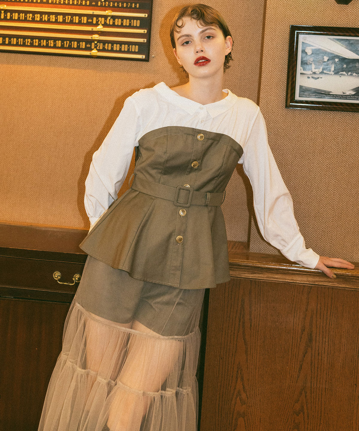 REDYAZEL「シャツドッキングチュールワンピース&ショートパンツセットアップ」|ワンピース|