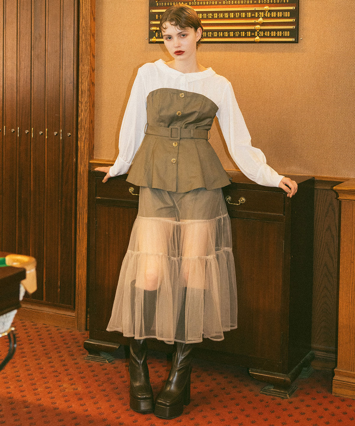 REDYAZEL「シャツドッキングチュールワンピース&ショートパンツセットアップ」|ワンピース|