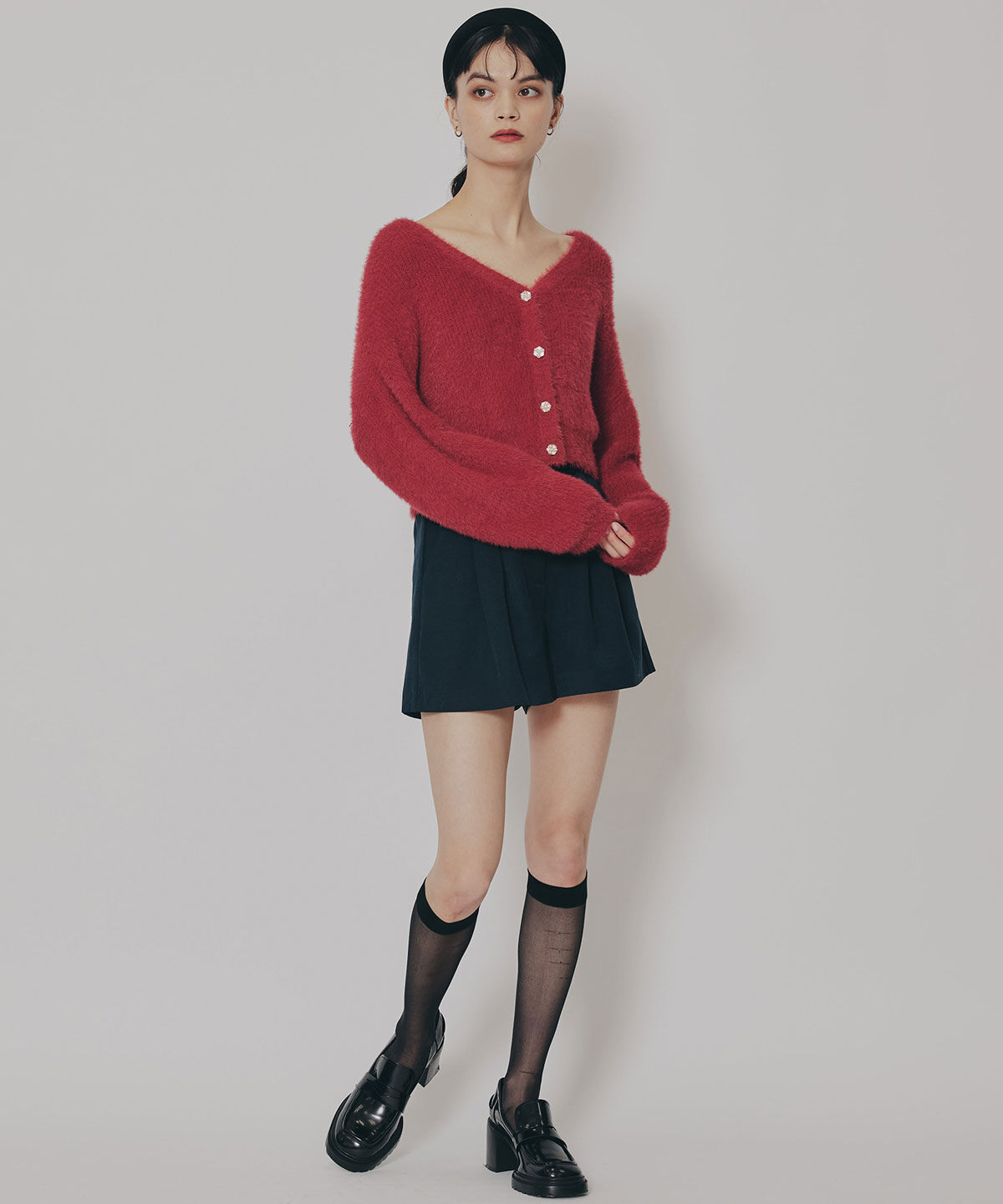 REDYAZEL「フェザーヤーンビジューボタンカーディガン」|カーディガン|