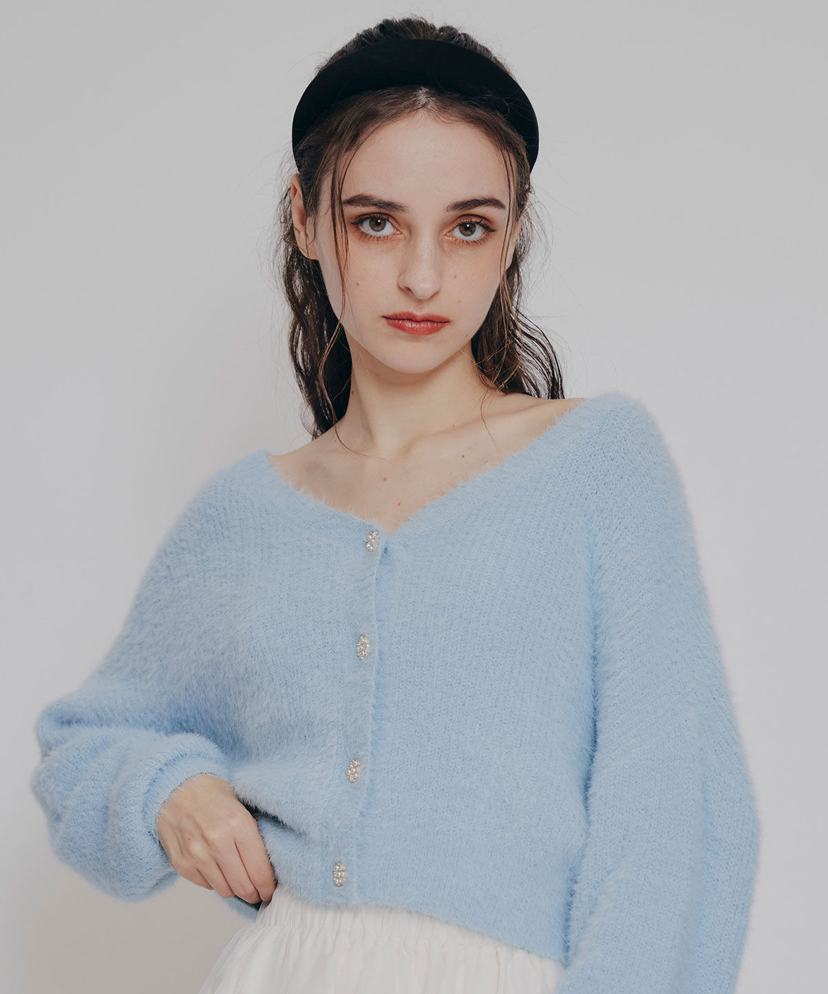 REDYAZEL「フェザーヤーンビジューボタンカーディガン」|カーディガン|ブルー