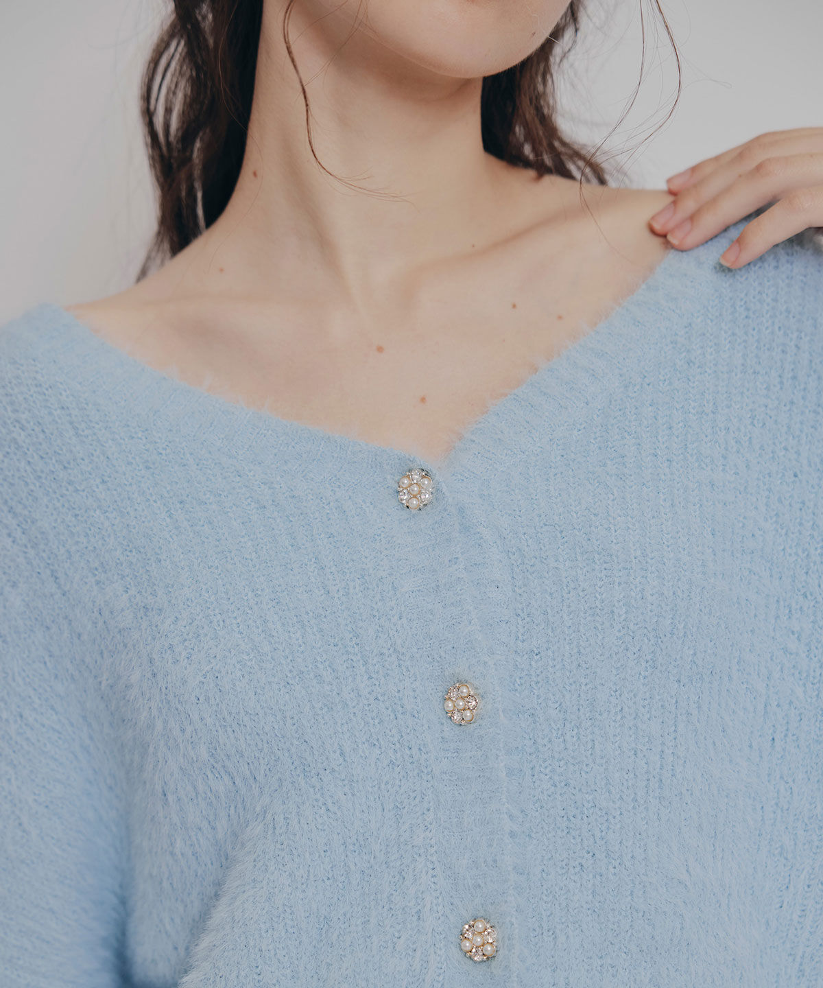 REDYAZEL「フェザーヤーンビジューボタンカーディガン」|カーディガン|