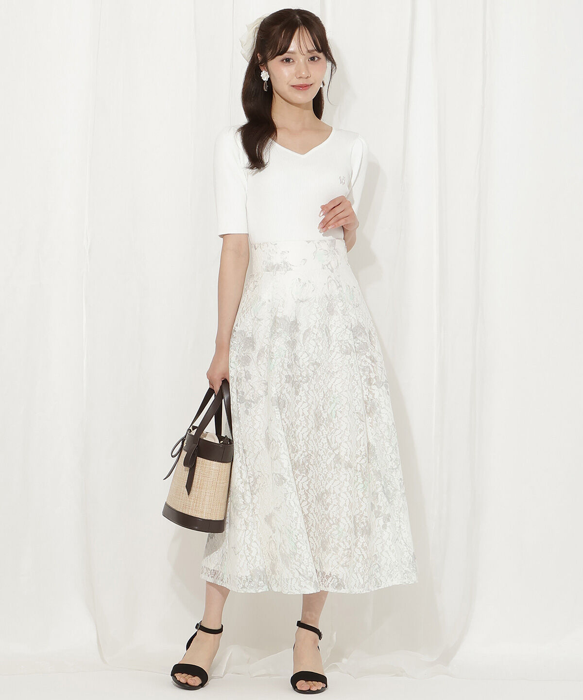 WILLSELECTION「ニュアンスフラワーレースプリントフレアスカート」|フレア|白系花柄