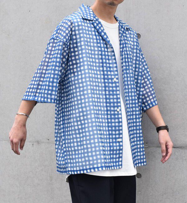 SHIPS any「SHIPS any: メッシュ オンブレチェック / ウェーブ パターン オープンカラー シアー シャツ◇」|シャツ・ブラウス|