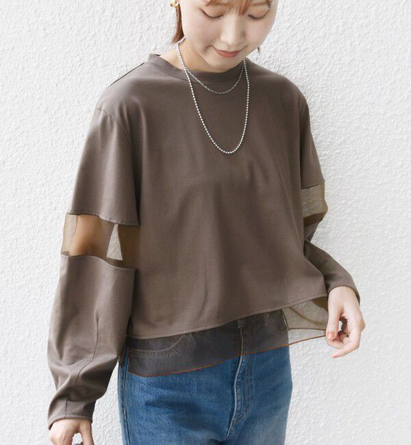 SHIPS for women「〈手洗い可能〉シアー コンビ プルオーバー ロング スリーブ」|Tシャツ・カットソー|ブラウン系