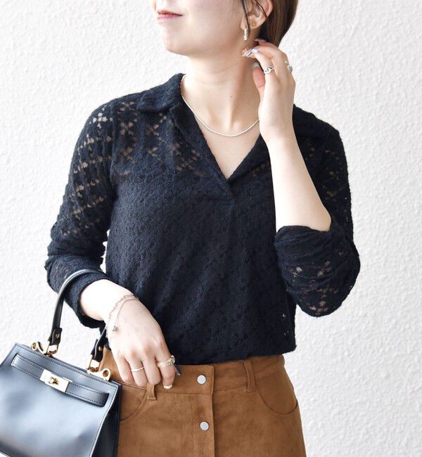 SHIPS any「SHIPS any:〈手洗い可能〉起毛 レース 開襟 スキッパー プルオーバー」|Tシャツ・カットソー|