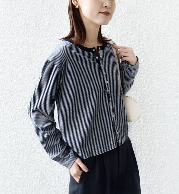 SHIPS for women「〈手洗い可能〉ポリエステル ベロア ボーダー パール モチーフ ボタン カーディガン」|カーディガン|