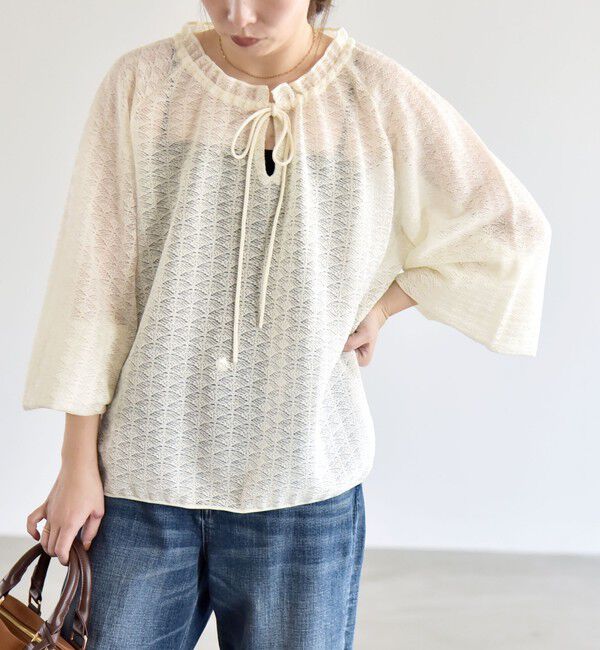 quaranciel「quaranciel:〈手洗い可能〉レース ジャカード ギャザー リボン プルオーバー」|シャツ・ブラウス|