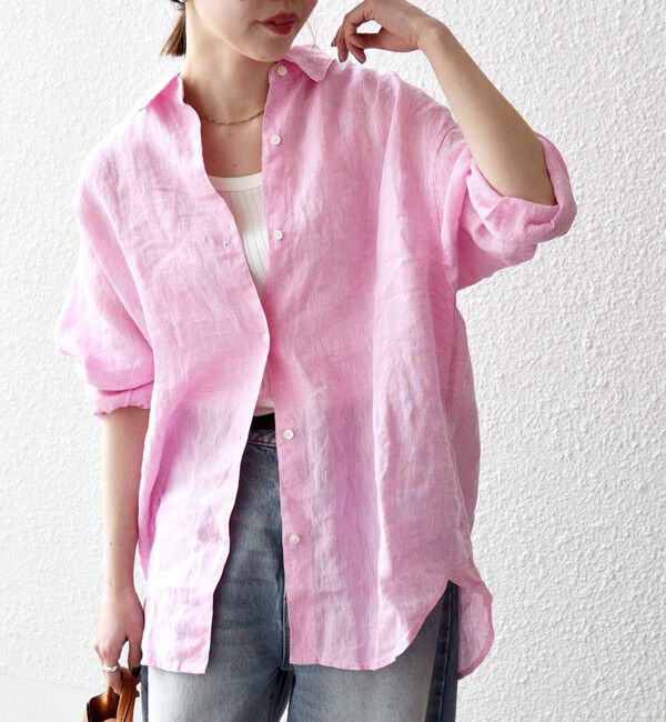 SHIPS any「《予約》SHIPS any:〈洗濯機可能〉リネン レギュラーカラー ルーズ 刺繍 シャツ」|シャツ・ブラウス|ピンク