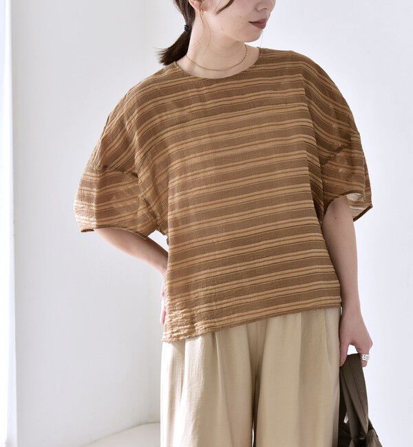 quaranciel「《予約》quaranciel:〈洗濯機可能〉ジャガード ボーダー シアー ブラウス」|シャツ・ブラウス|