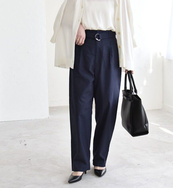 quaranciel「《予約》quaranciel:〈洗濯機可能〉コットン ベルト ハイウエスト テーパード パンツ」|チノ|ネイビー