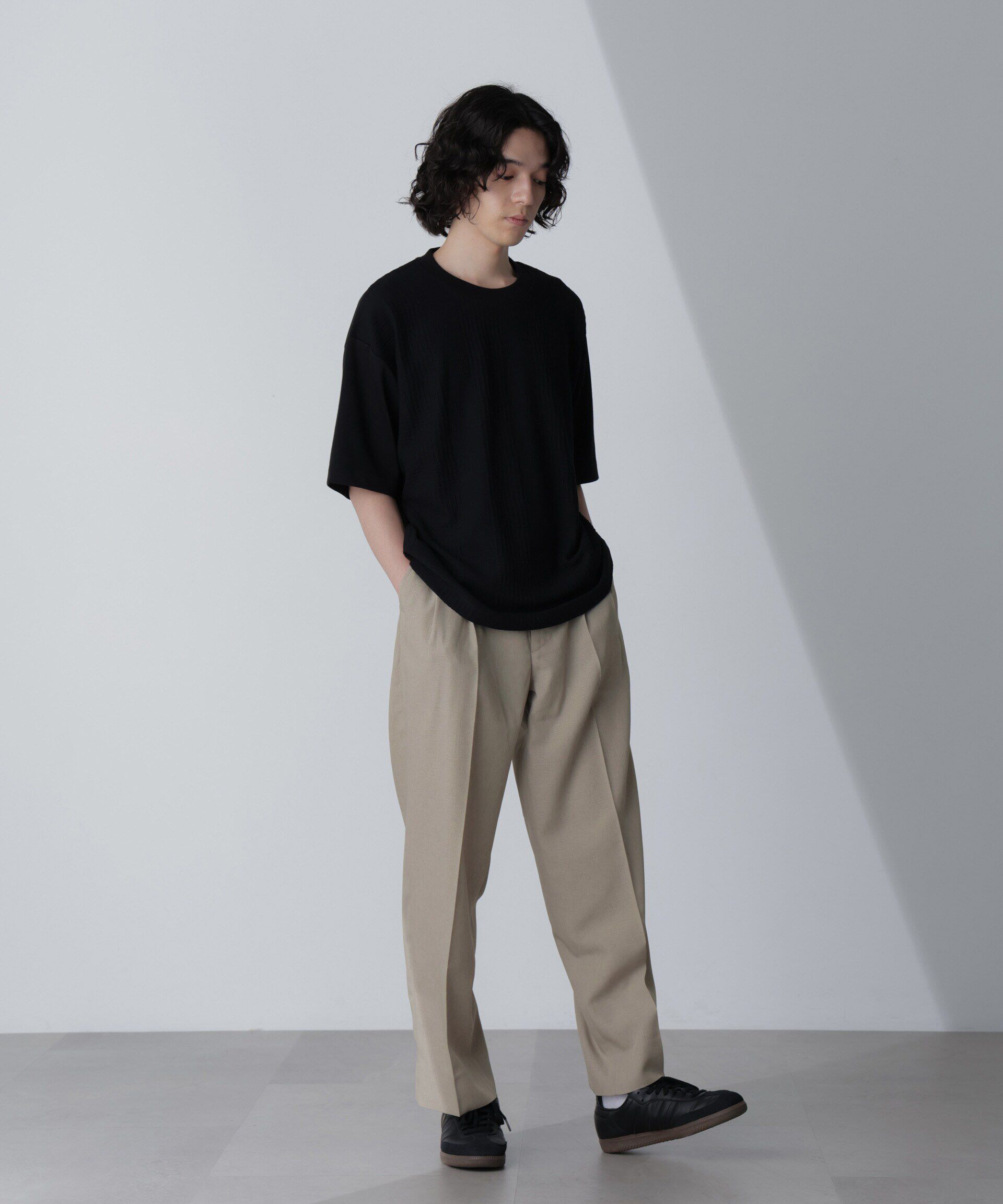 nano･universe「テックリネンリラックスタックテーパードパンツ（セットアップ可）」|チノ|