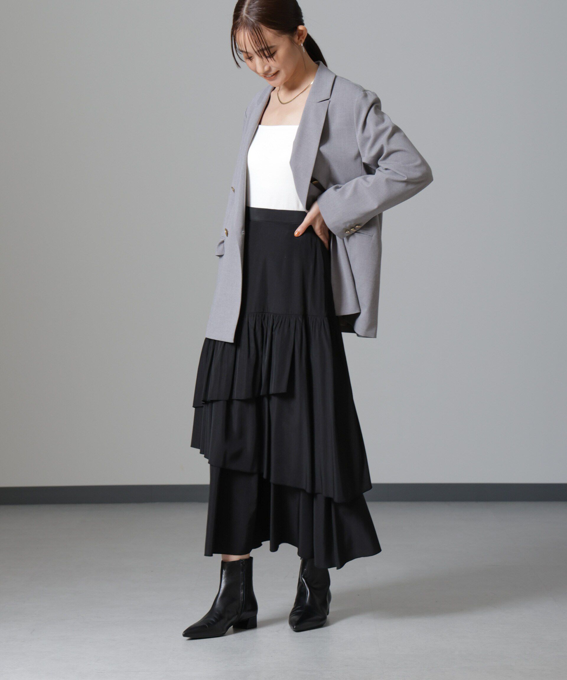 nano･universe「オーバーラップティアードスカート」|スカート|ブラック