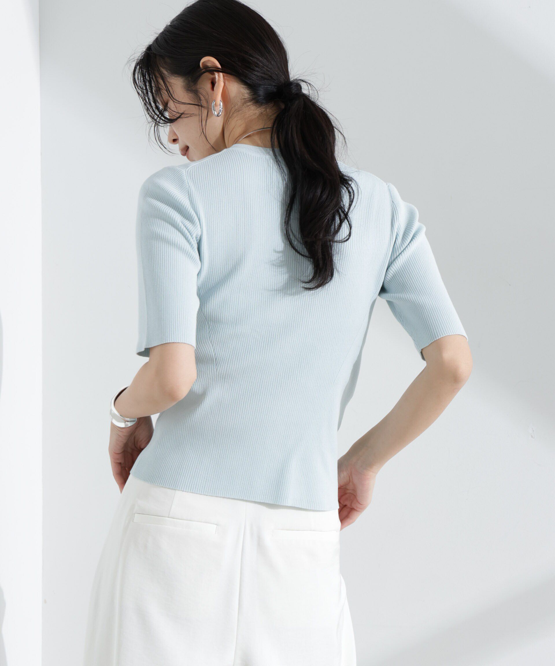 nano･universe「ウォッシャブルハイツイスト五分袖リブニット」|ニット・セーター|