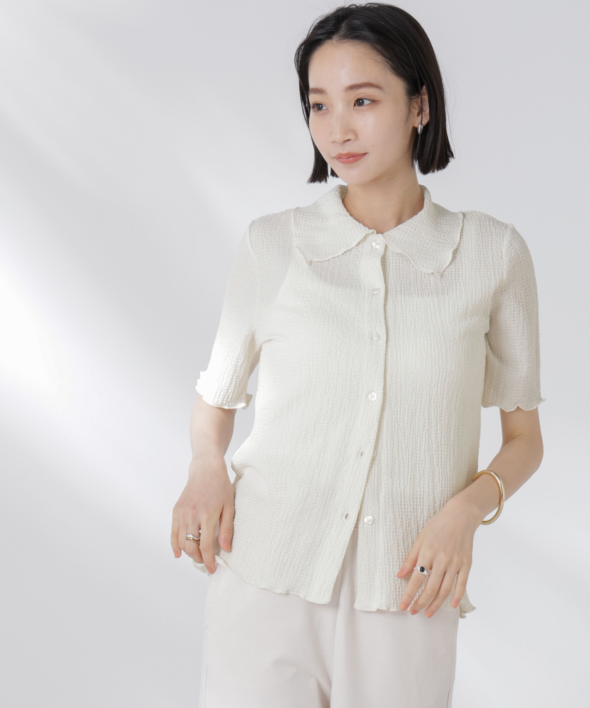 nano･universe「衿付カットジャガードメロートップス」|Tシャツ・カットソー|