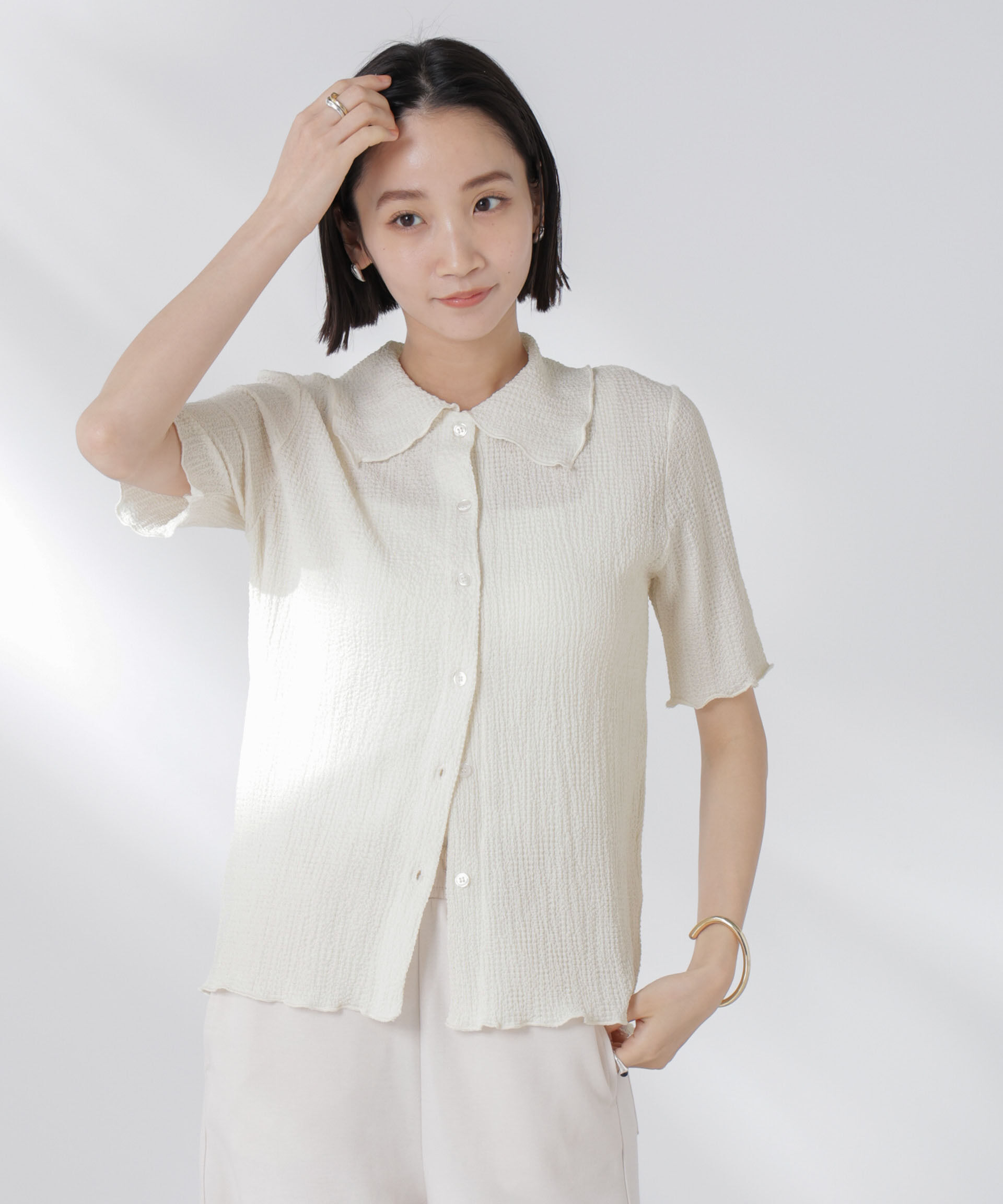 nano･universe「衿付カットジャガードメロートップス」|Tシャツ・カットソー|